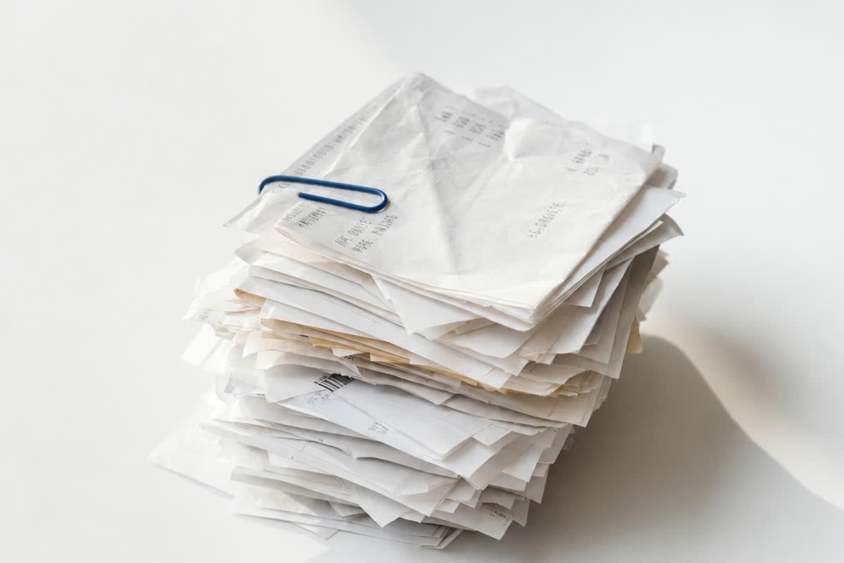 A stack of paper receipts held together with a clip