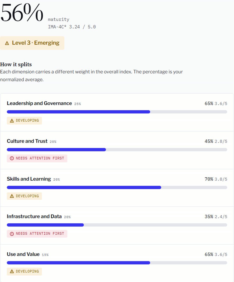 Example result from the IMA-4C® self-assessment: 56% maturity, Level 3 Emerging, and the five progress bars by dimension.